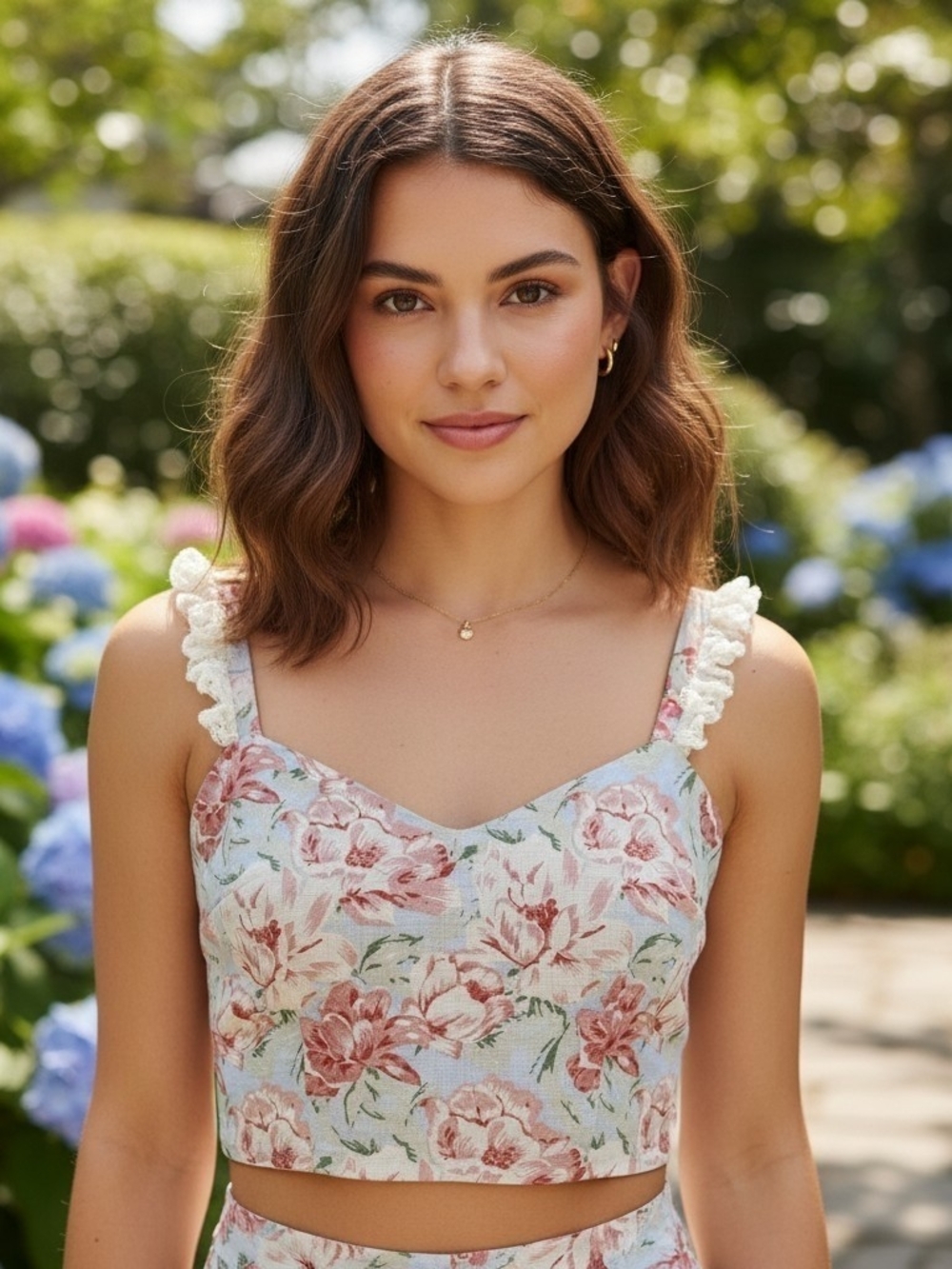 WAYF Tamera Floral Linen Crop Top Blue Pink Fringe XSmall